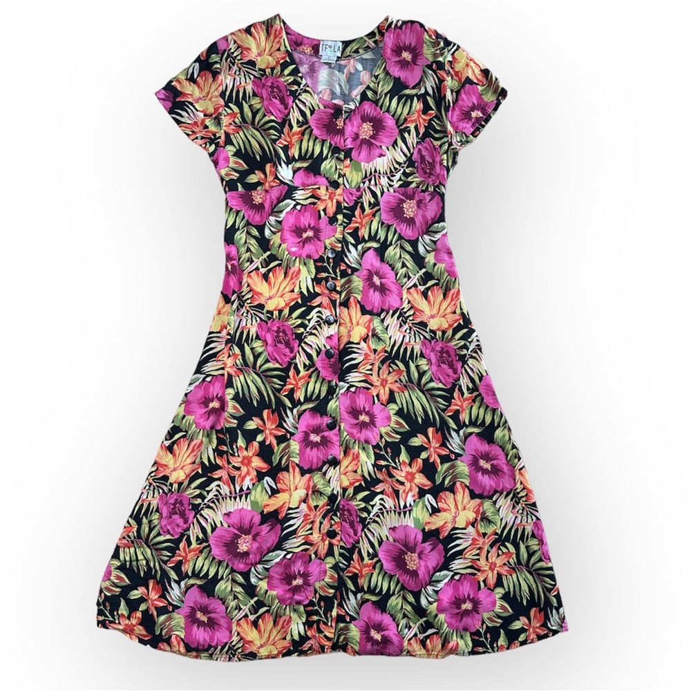 VTG Full Button Midi Dress Floral Pink Orange Green Black Short Sleeves Women L